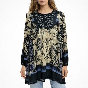 Anu Natural Tunic Top Dress Womens‎ XL Black Beige Floral Sheer Embroidered